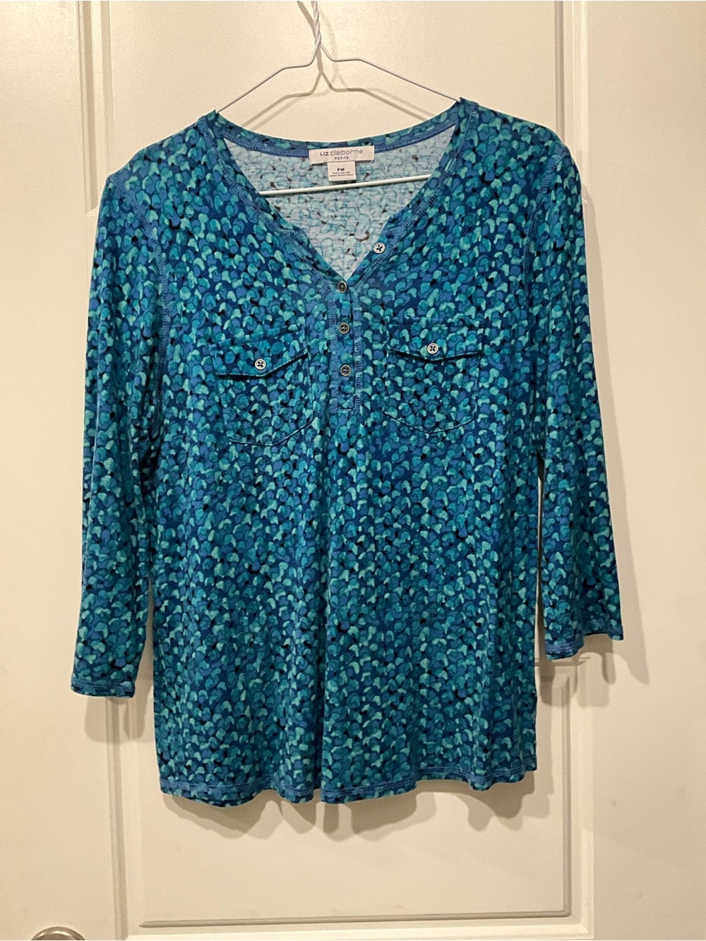 Liz Claiborne Petite Medium Blue Teal Print 3/4 Sleeve Blouse